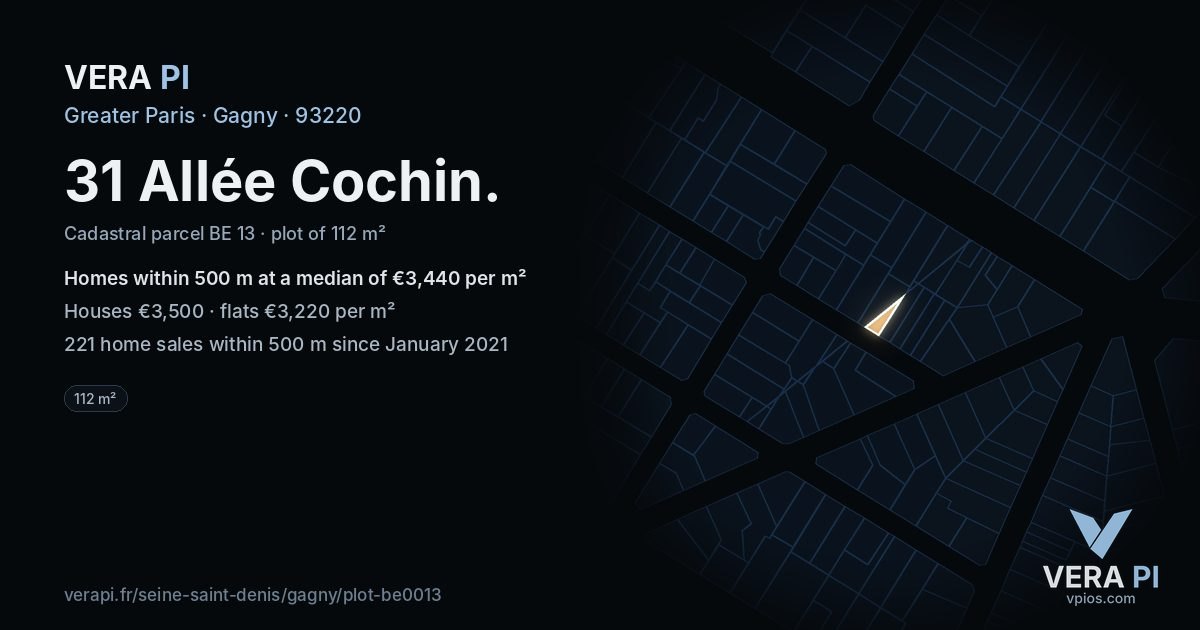 31 Allée Cochin, Gagny at night – the plot lit, the parcels around coloured by the prices near them
