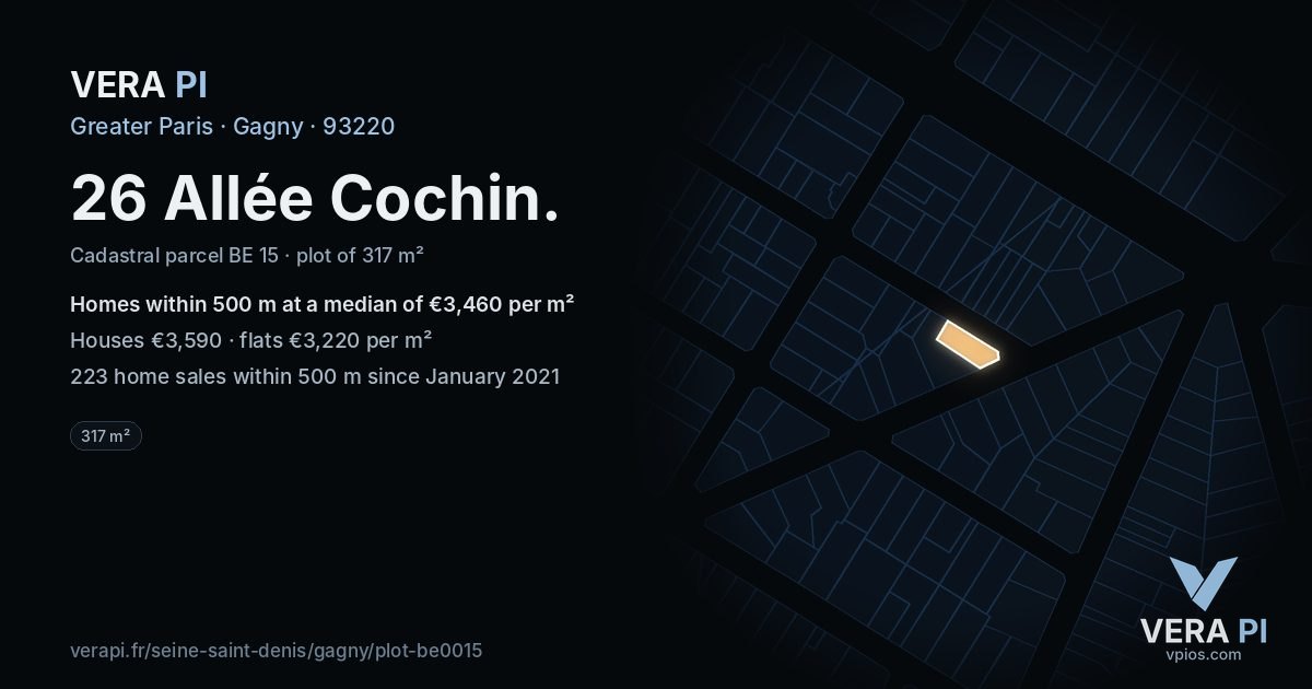 26 Allée Cochin, Gagny at night – the plot lit, the parcels around coloured by the prices near them