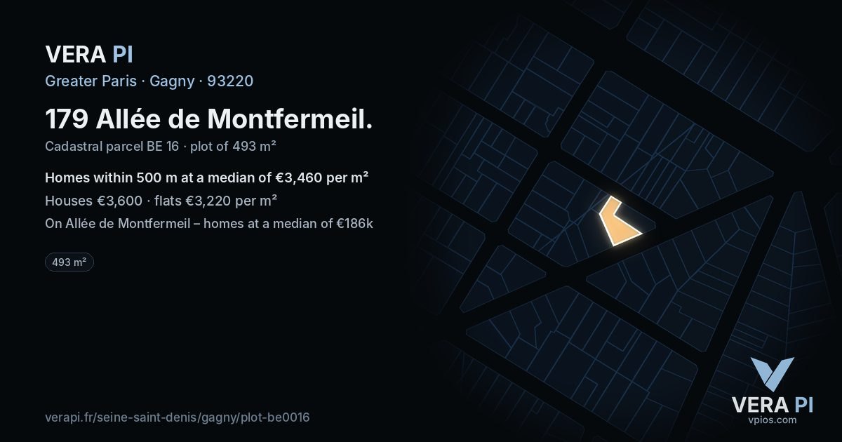 179 Allée de Montfermeil, Gagny at night – the plot lit, the parcels around coloured by the prices near them