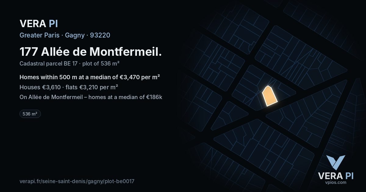 177 Allée de Montfermeil, Gagny at night – the plot lit, the parcels around coloured by the prices near them