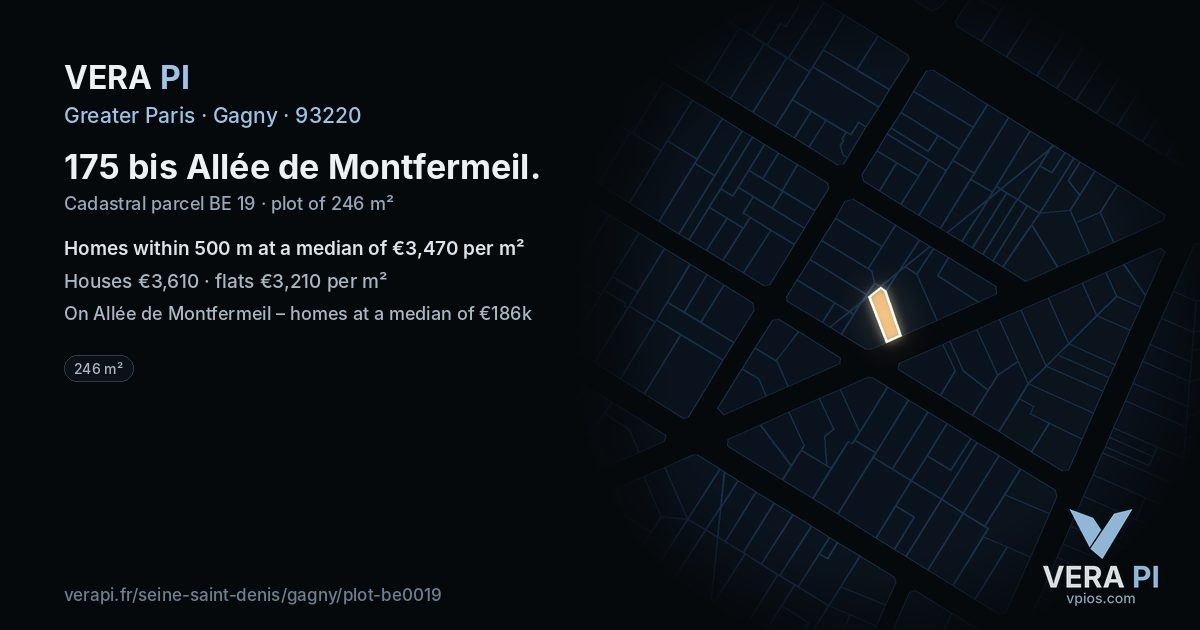 175 bis Allée de Montfermeil, Gagny at night – the plot lit, the parcels around coloured by the prices near them