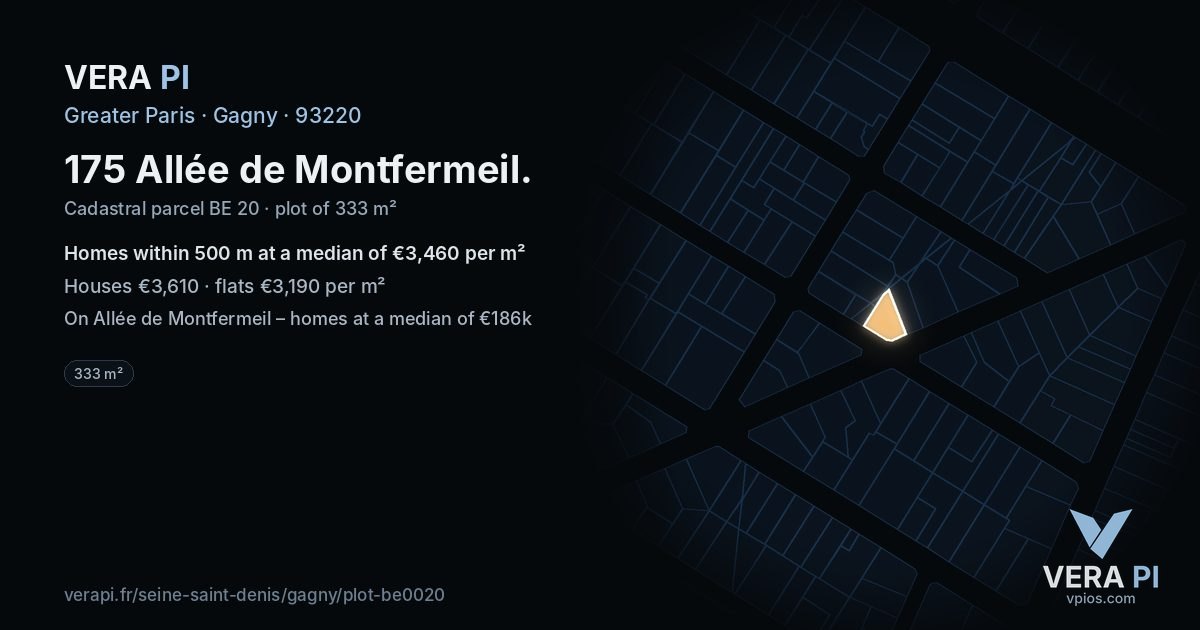 175 Allée de Montfermeil, Gagny at night – the plot lit, the parcels around coloured by the prices near them