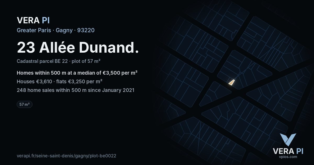 23 Allée Dunand, Gagny at night – the plot lit, the parcels around coloured by the prices near them