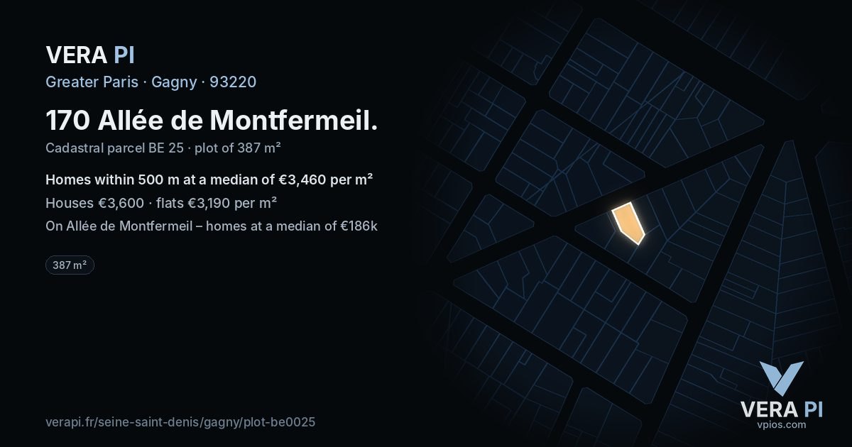 170 Allée de Montfermeil, Gagny at night – the plot lit, the parcels around coloured by the prices near them