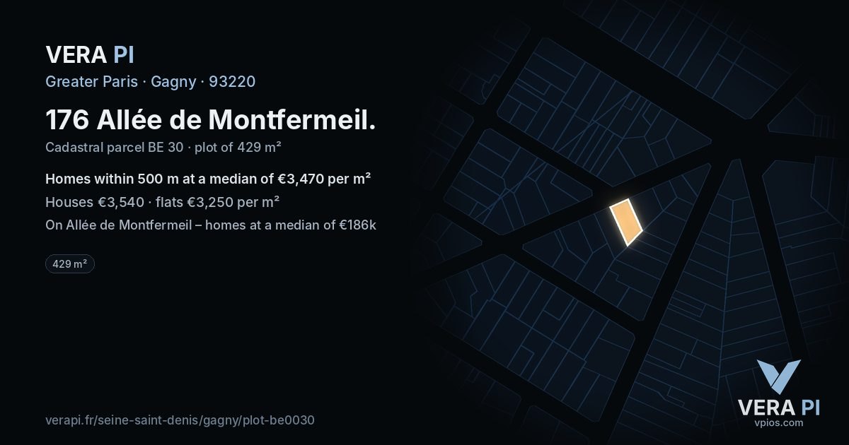 176 Allée de Montfermeil, Gagny at night – the plot lit, the parcels around coloured by the prices near them