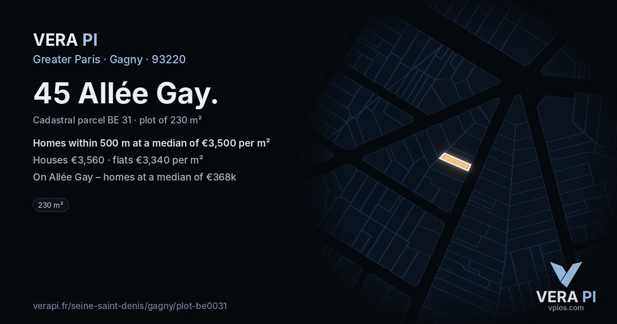 45 Allée Gay, Gagny at night – the plot lit, the parcels around coloured by the prices near them