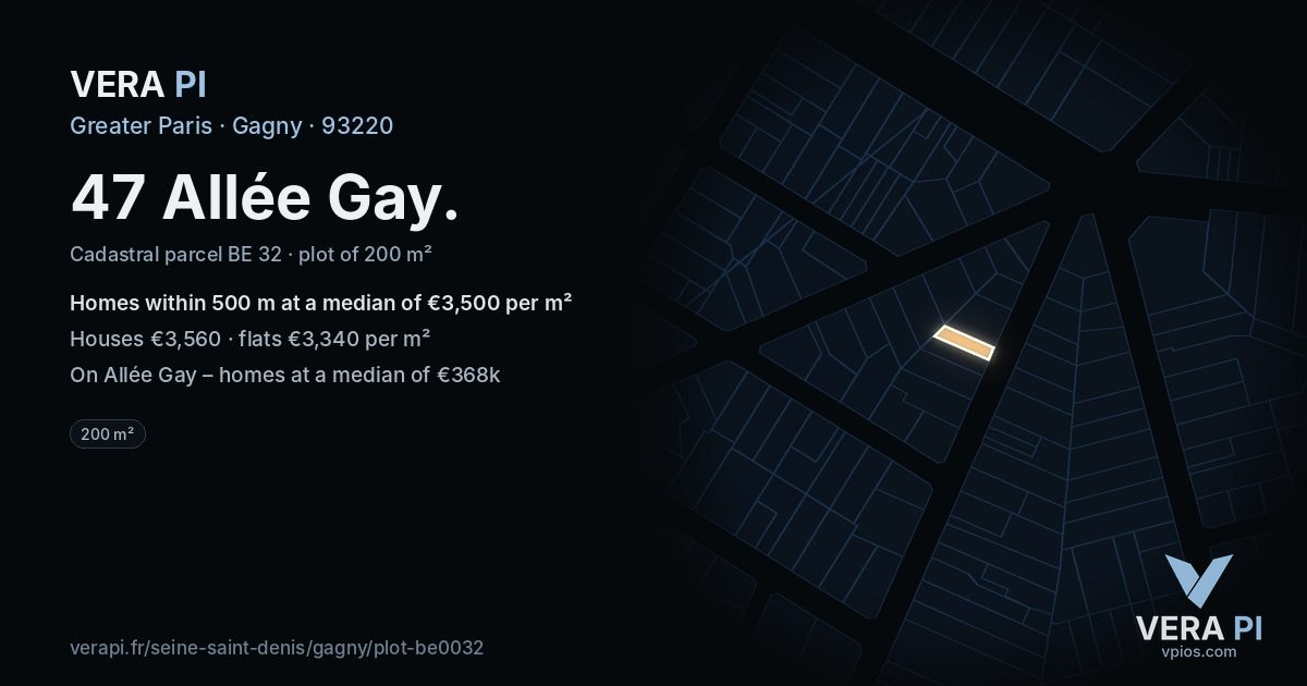 47 Allée Gay, Gagny at night – the plot lit, the parcels around coloured by the prices near them