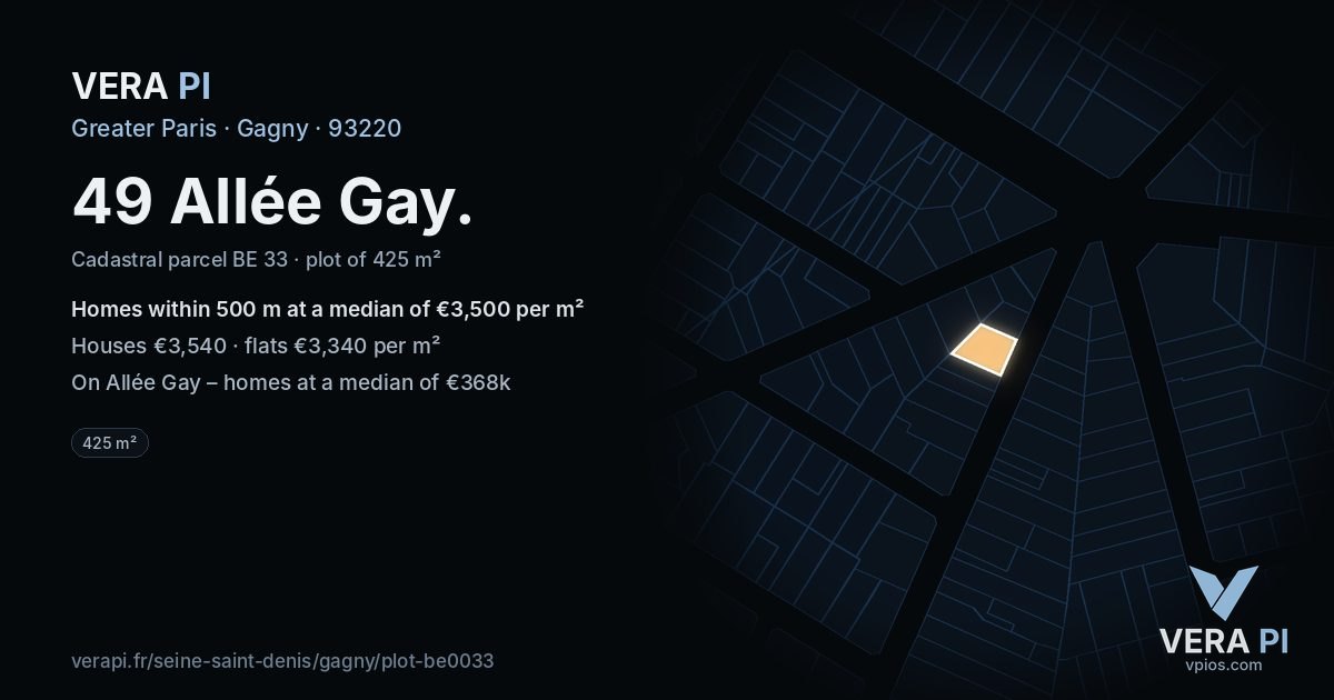 49 Allée Gay, Gagny at night – the plot lit, the parcels around coloured by the prices near them