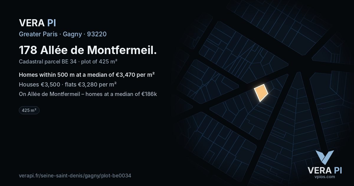 178 Allée de Montfermeil, Gagny at night – the plot lit, the parcels around coloured by the prices near them