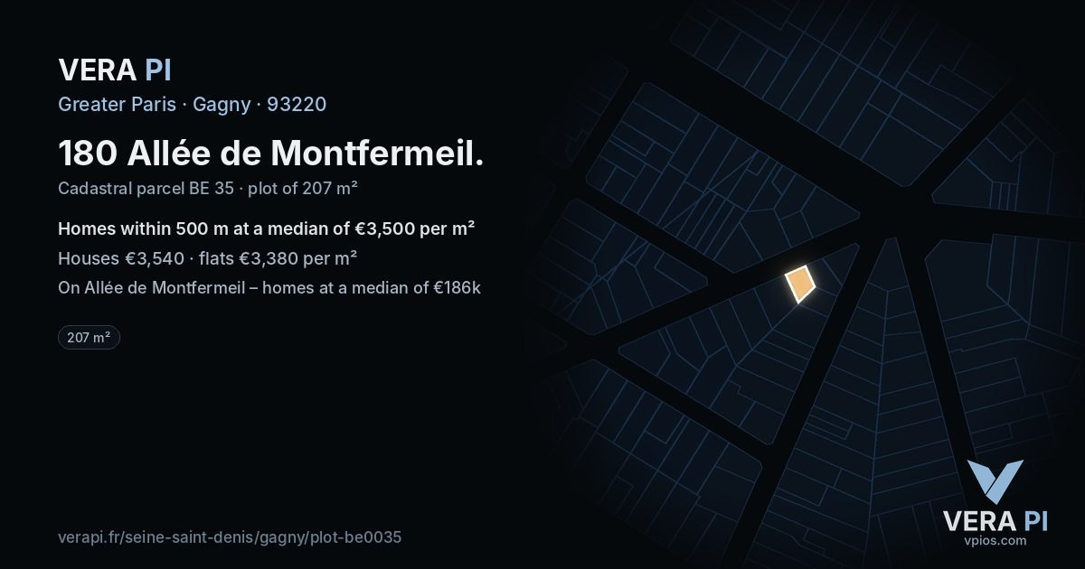 180 Allée de Montfermeil, Gagny at night – the plot lit, the parcels around coloured by the prices near them