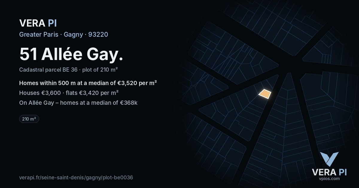 51 Allée Gay, Gagny at night – the plot lit, the parcels around coloured by the prices near them