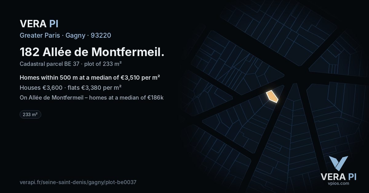 182 Allée de Montfermeil, Gagny at night – the plot lit, the parcels around coloured by the prices near them