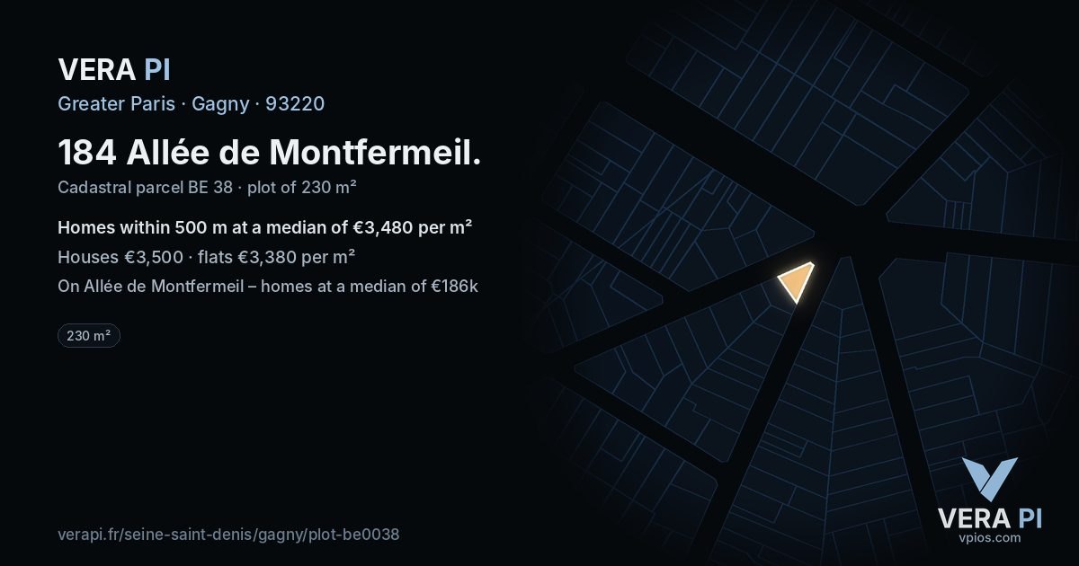 184 Allée de Montfermeil, Gagny at night – the plot lit, the parcels around coloured by the prices near them