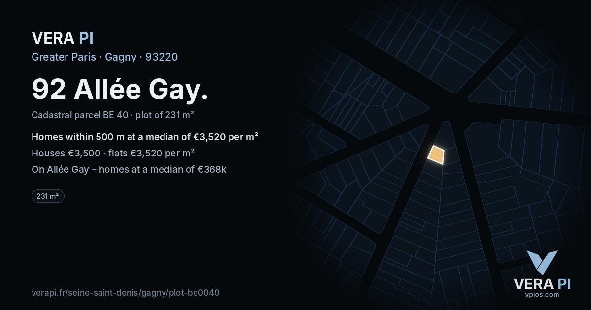 92 Allée Gay, Gagny at night – the plot lit, the parcels around coloured by the prices near them
