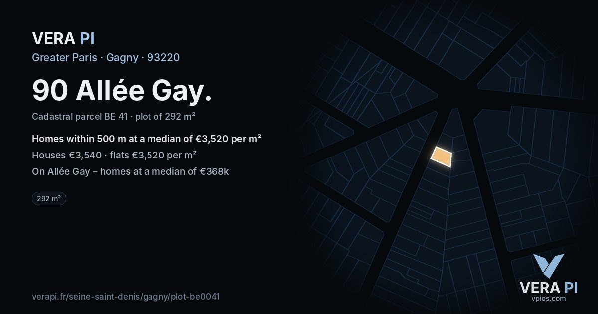 90 Allée Gay, Gagny at night – the plot lit, the parcels around coloured by the prices near them