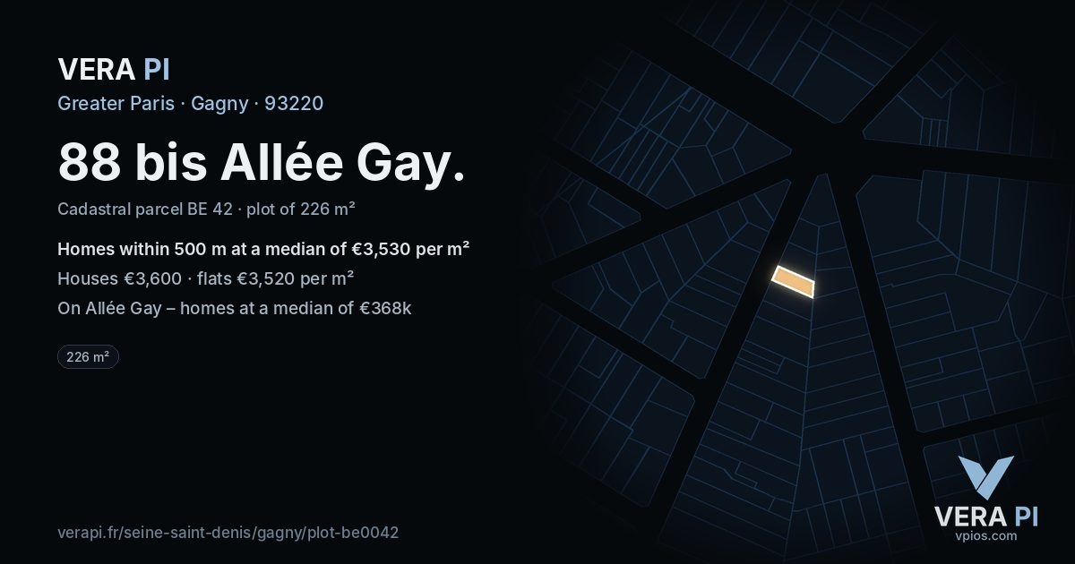 88 bis Allée Gay, Gagny at night – the plot lit, the parcels around coloured by the prices near them