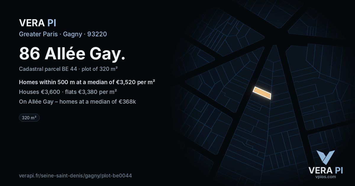 86 Allée Gay, Gagny at night – the plot lit, the parcels around coloured by the prices near them