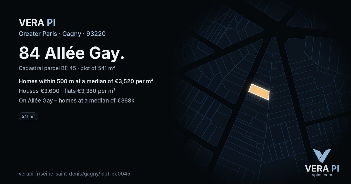 84 Allée Gay, Gagny at night – the plot lit, the parcels around coloured by the prices near them