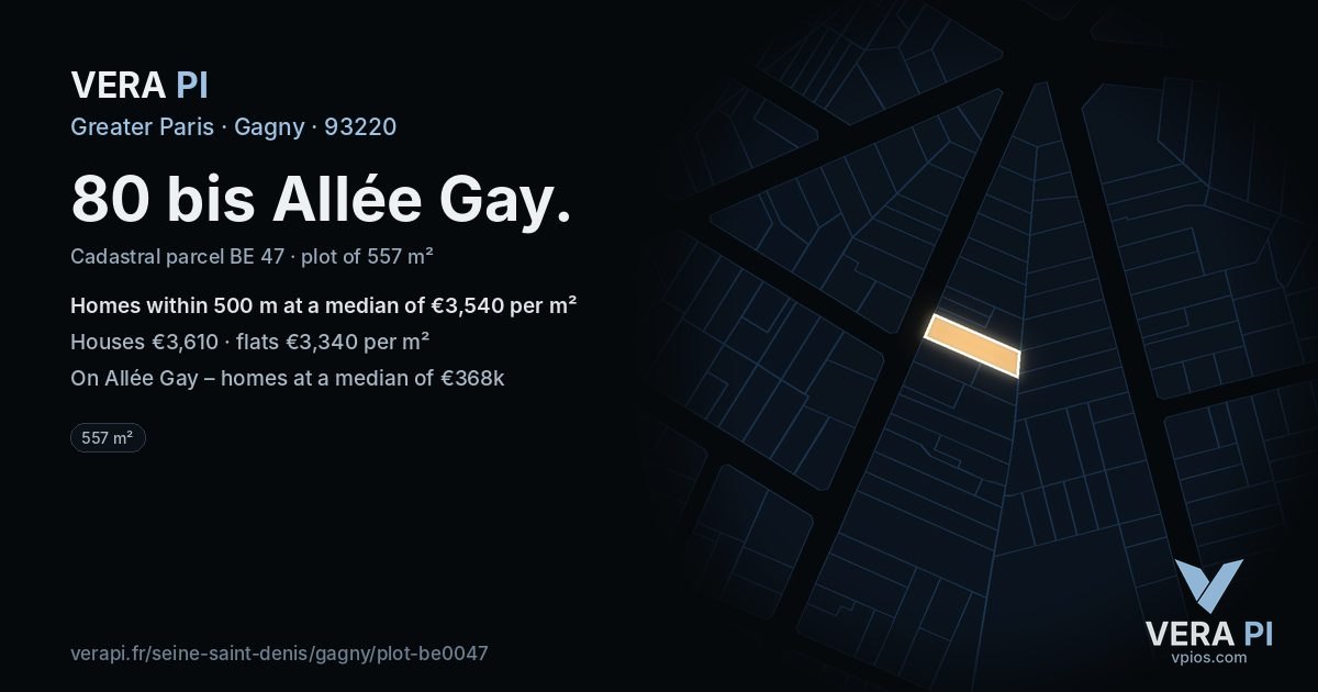 80 bis Allée Gay, Gagny at night – the plot lit, the parcels around coloured by the prices near them
