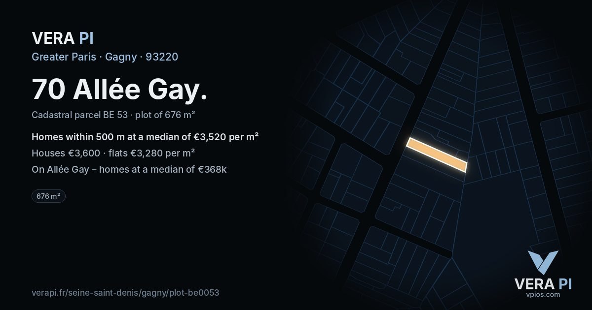70 Allée Gay, Gagny at night – the plot lit, the parcels around coloured by the prices near them
