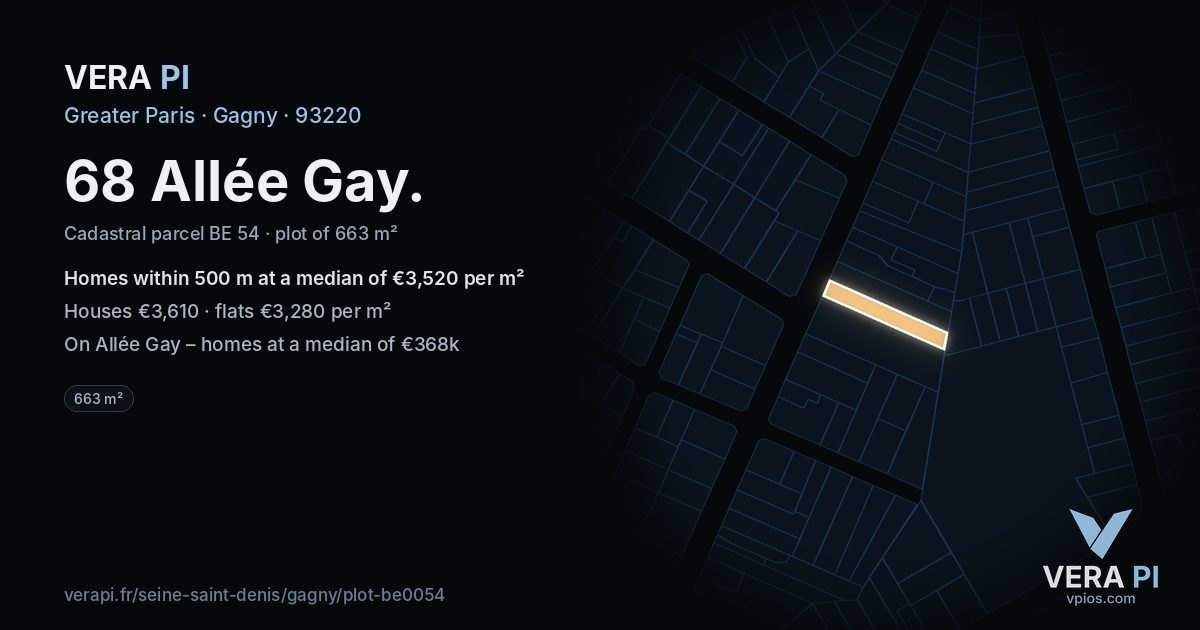 68 Allée Gay, Gagny at night – the plot lit, the parcels around coloured by the prices near them