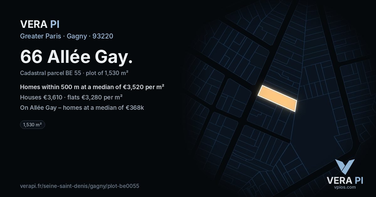 66 Allée Gay, Gagny at night – the plot lit, the parcels around coloured by the prices near them