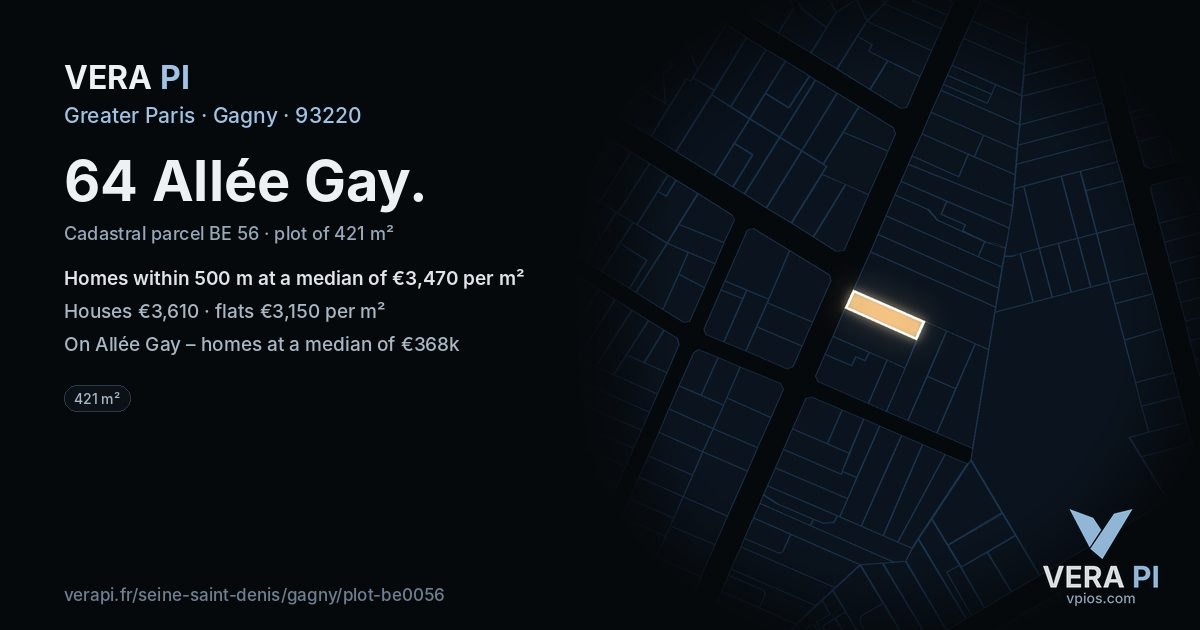 64 Allée Gay, Gagny at night – the plot lit, the parcels around coloured by the prices near them