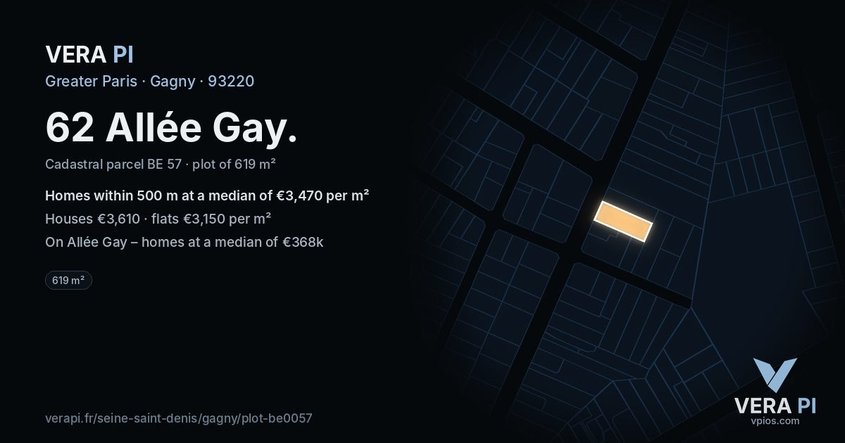 62 Allée Gay, Gagny at night – the plot lit, the parcels around coloured by the prices near them