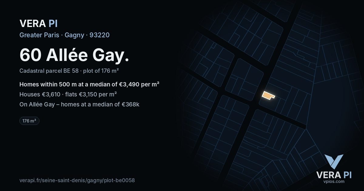 60 Allée Gay, Gagny at night – the plot lit, the parcels around coloured by the prices near them