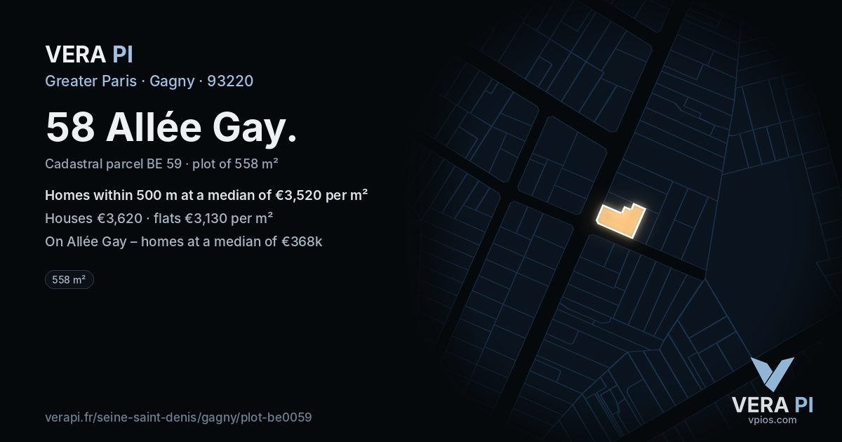 58 Allée Gay, Gagny at night – the plot lit, the parcels around coloured by the prices near them