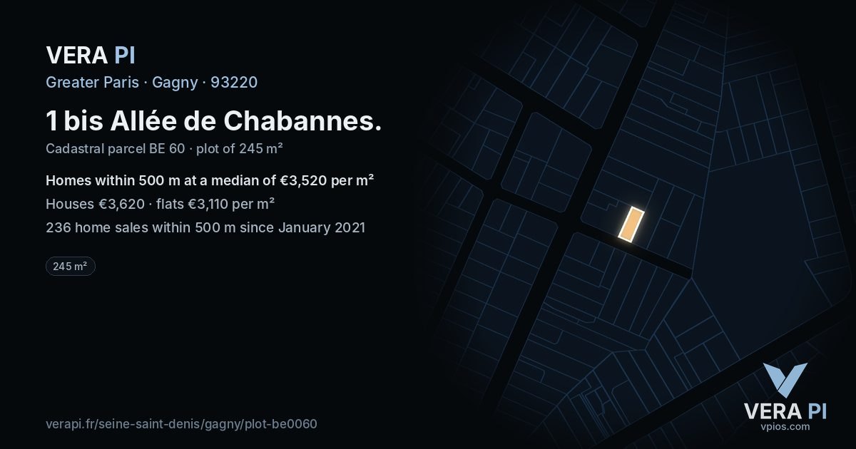 1 bis Allée de Chabannes, Gagny at night – the plot lit, the parcels around coloured by the prices near them