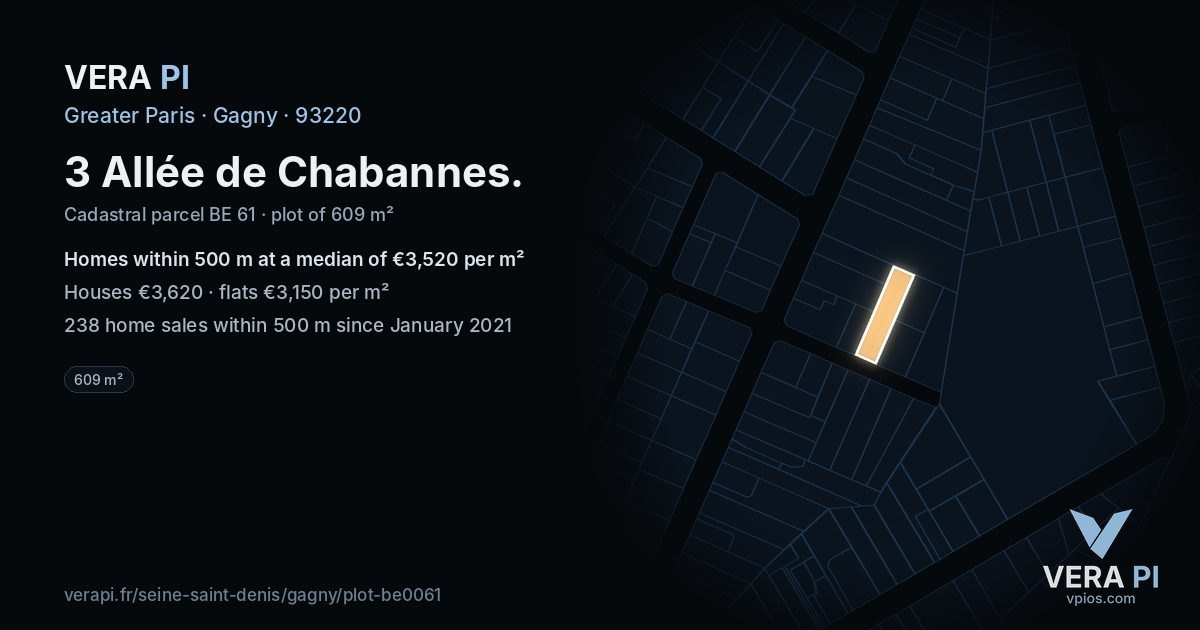 3 Allée de Chabannes, Gagny at night – the plot lit, the parcels around coloured by the prices near them