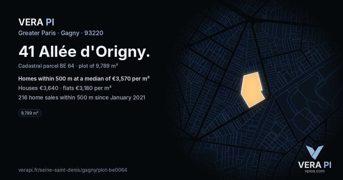 41 Allée d'Origny, Gagny at night – the plot lit, the parcels around coloured by the prices near them