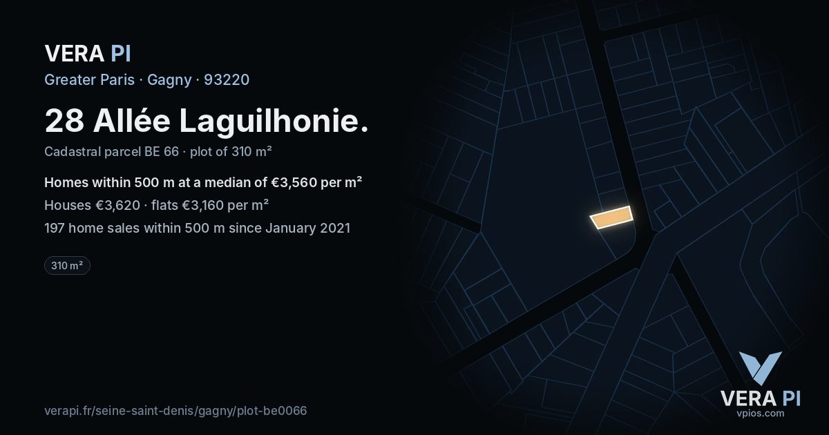 28 Allée Laguilhonie, Gagny at night – the plot lit, the parcels around coloured by the prices near them