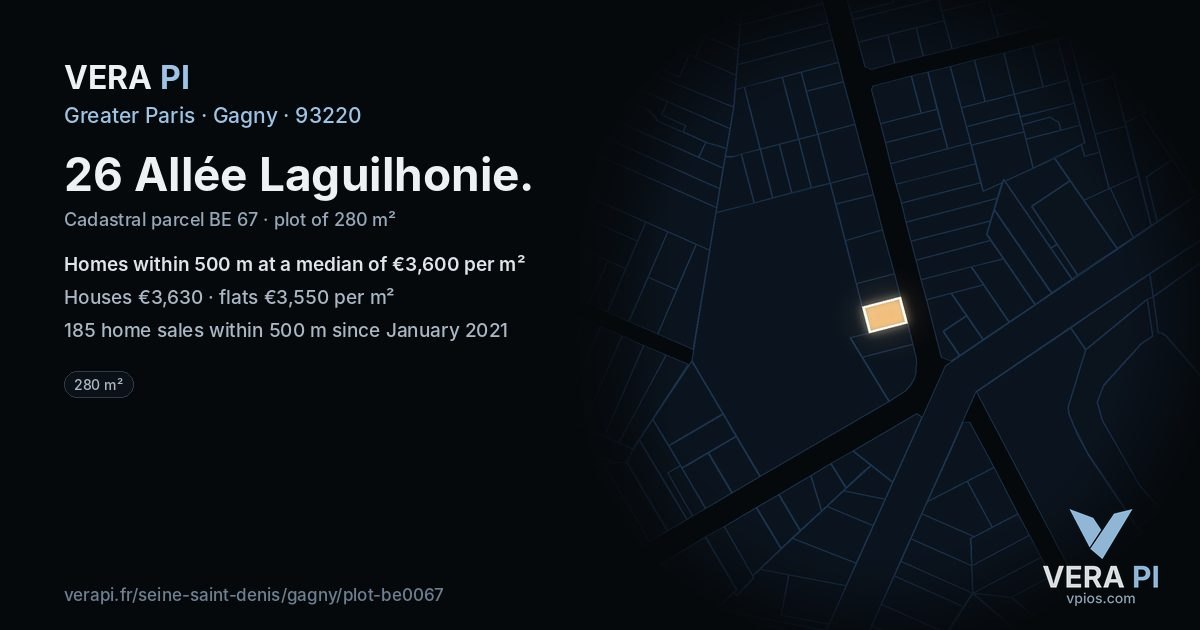 26 Allée Laguilhonie, Gagny at night – the plot lit, the parcels around coloured by the prices near them