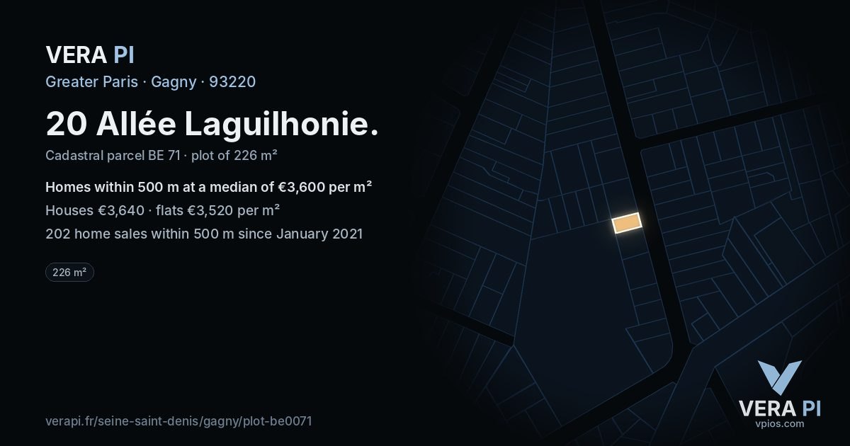 20 Allée Laguilhonie, Gagny at night – the plot lit, the parcels around coloured by the prices near them