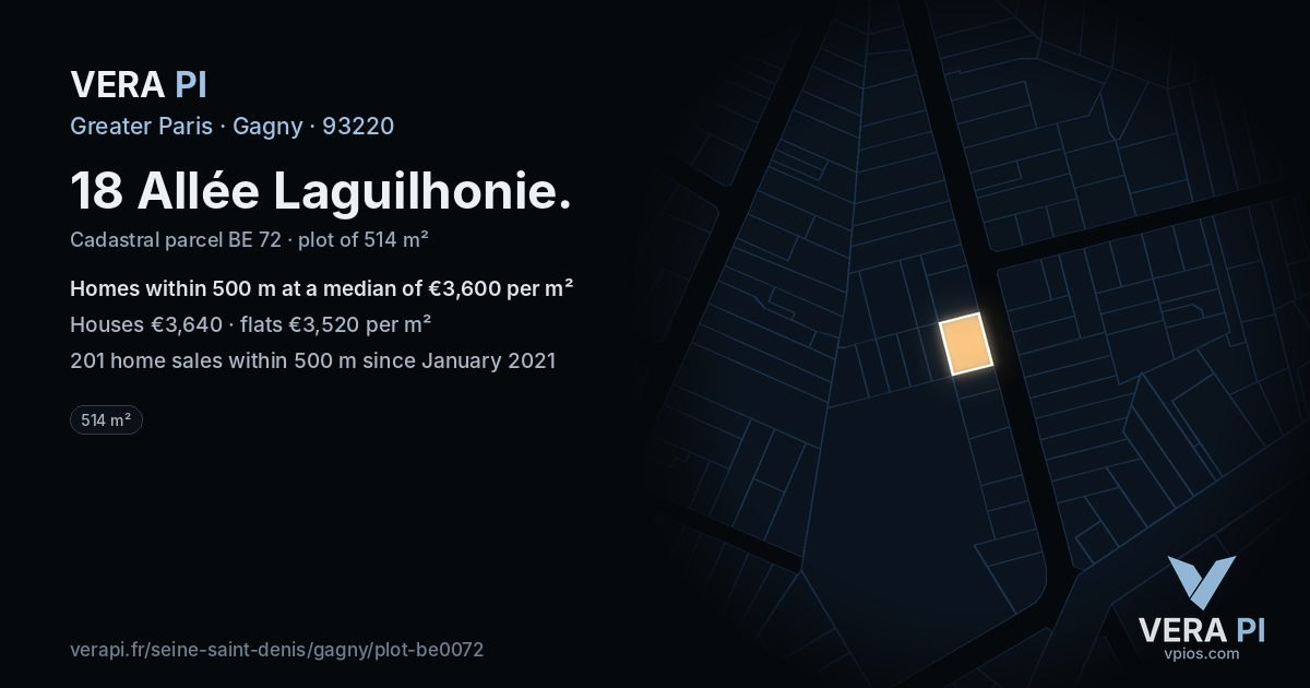 18 Allée Laguilhonie, Gagny at night – the plot lit, the parcels around coloured by the prices near them