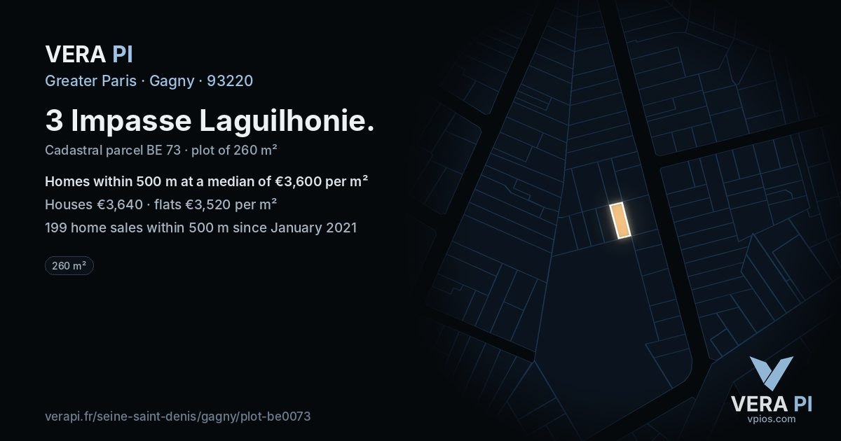 3 Impasse Laguilhonie, Gagny at night – the plot lit, the parcels around coloured by the prices near them