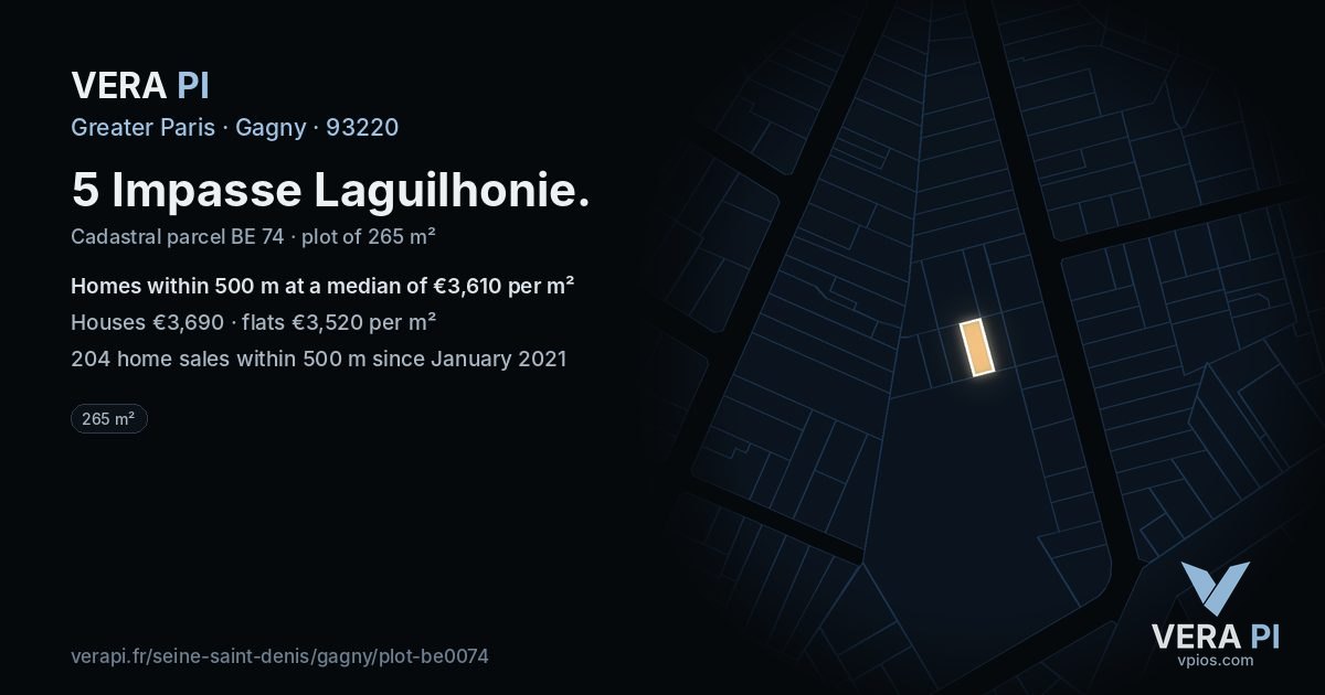 5 Impasse Laguilhonie, Gagny at night – the plot lit, the parcels around coloured by the prices near them