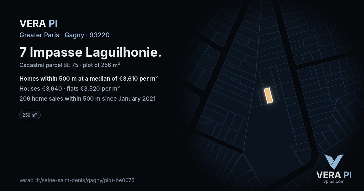 7 Impasse Laguilhonie, Gagny at night – the plot lit, the parcels around coloured by the prices near them