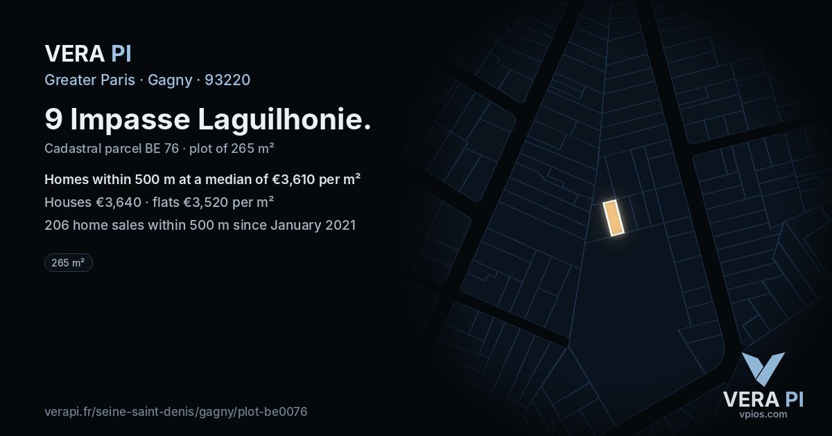 9 Impasse Laguilhonie, Gagny at night – the plot lit, the parcels around coloured by the prices near them