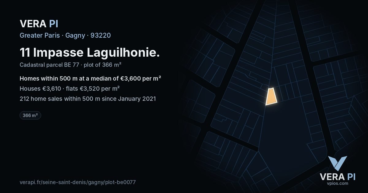 11 Impasse Laguilhonie, Gagny at night – the plot lit, the parcels around coloured by the prices near them