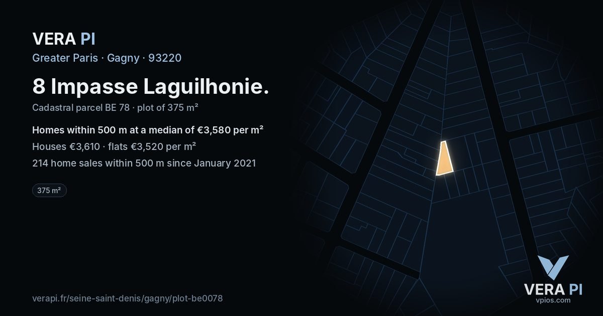 8 Impasse Laguilhonie, Gagny at night – the plot lit, the parcels around coloured by the prices near them