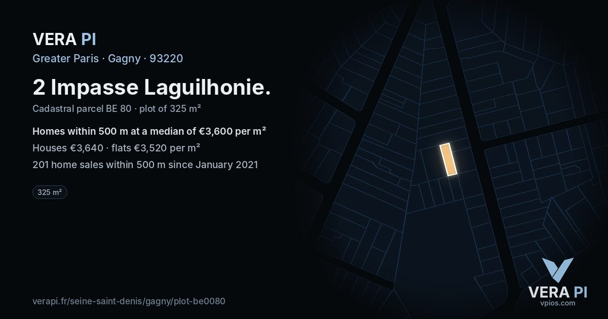 2 Impasse Laguilhonie, Gagny at night – the plot lit, the parcels around coloured by the prices near them