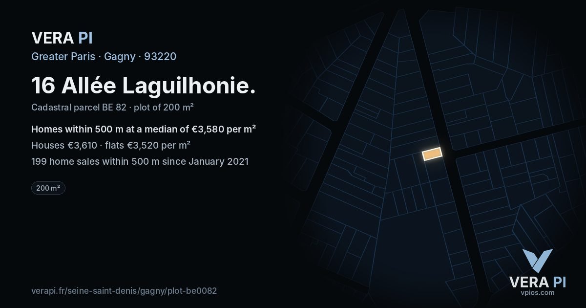 16 Allée Laguilhonie, Gagny at night – the plot lit, the parcels around coloured by the prices near them