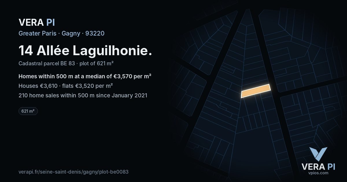 14 Allée Laguilhonie, Gagny at night – the plot lit, the parcels around coloured by the prices near them