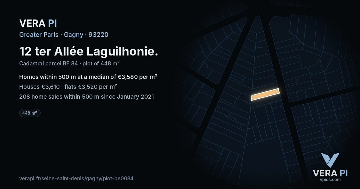 12 ter Allée Laguilhonie, Gagny at night – the plot lit, the parcels around coloured by the prices near them
