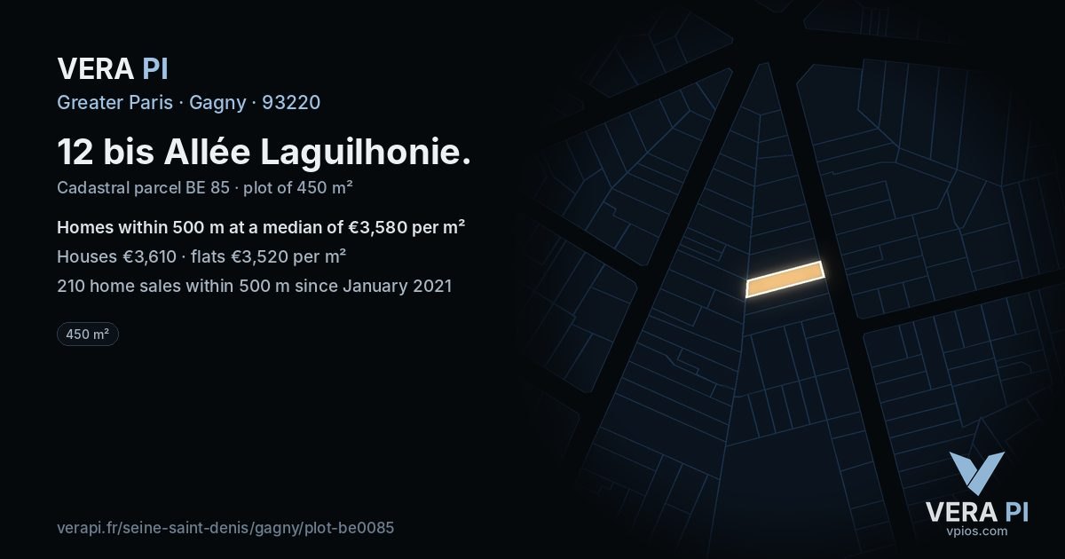 12 bis Allée Laguilhonie, Gagny at night – the plot lit, the parcels around coloured by the prices near them