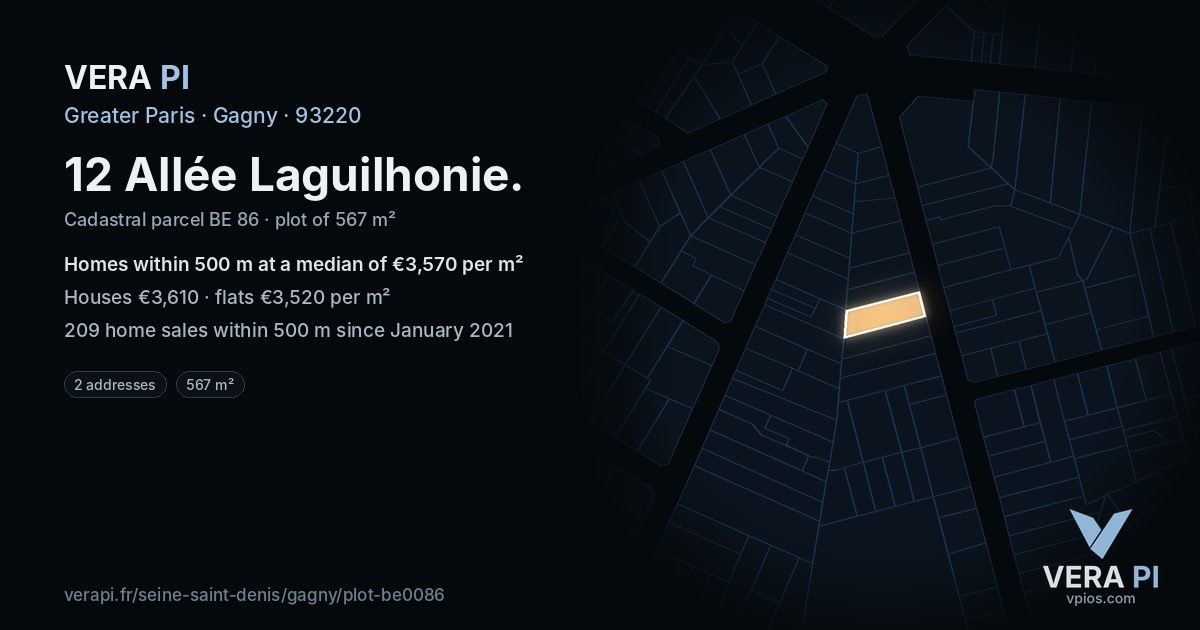 12 Allée Laguilhonie, Gagny at night – the plot lit, the parcels around coloured by the prices near them