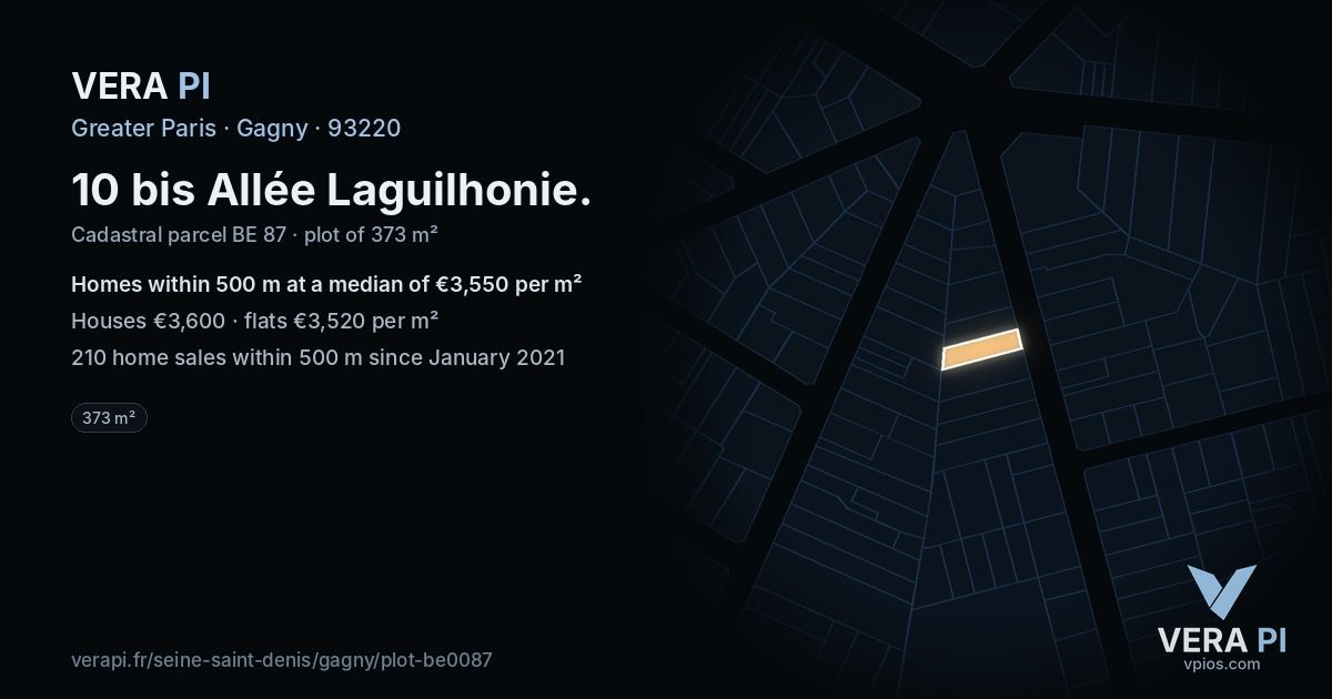 10 bis Allée Laguilhonie, Gagny at night – the plot lit, the parcels around coloured by the prices near them